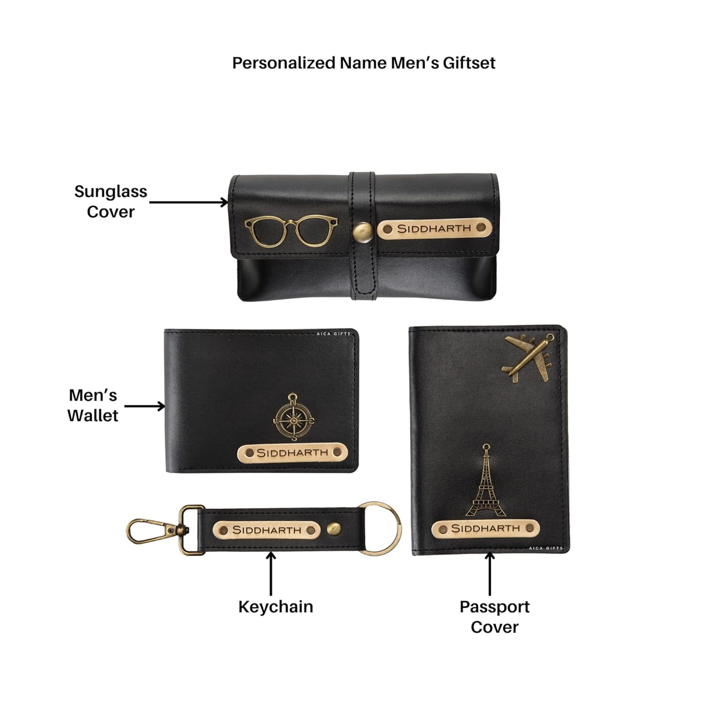 Custom Name Wallet Accessories Combo Set for MEN in Black colour [DM007]